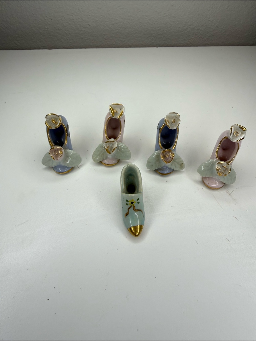 Vintage Japan Porcelain Miniature High Heel Shoes Applied Flowers Set of 5
